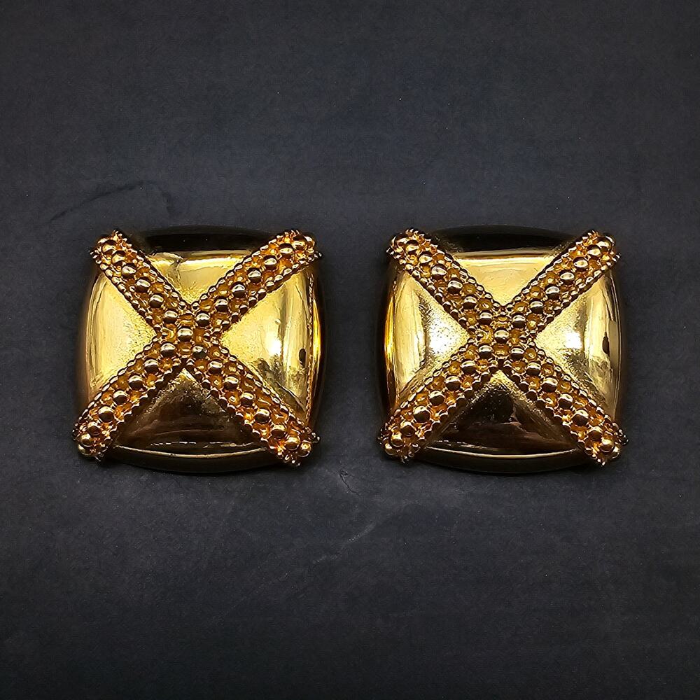 MWS Signed Clip On Earrings Gold Tone Squares Criss Cross Vintage 1980s Jewelry
